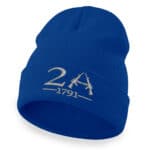 Blue cuffed beanie with 2nd Amendment embroidery and guns, winter accessory.