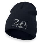 Black cuffed beanie with 2nd Amendment embroidery and guns, winter accessory.