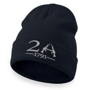 Black cuffed beanie with 2nd Amendment embroidery and guns, winter accessory.