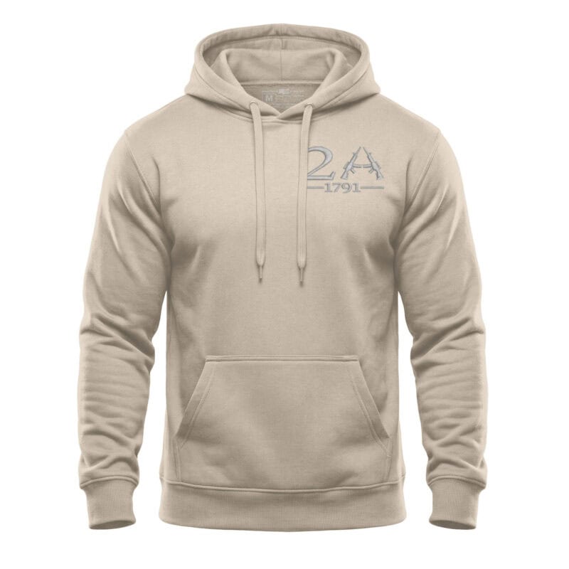 Beige hoodie with 1791 and gun rights embroidery for patriotic Americans.