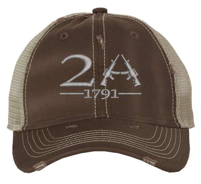 2a trucker hat with embroidered rifles and 1791 insignia – distressed patriotic trucker cap