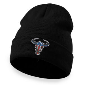 Black beanie hat with American flag-themed bull's head logo.