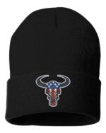 American flag bull beanie with embroidered bull head in stars and stripes colors - western patriotic cuffed hat celebrating American strength