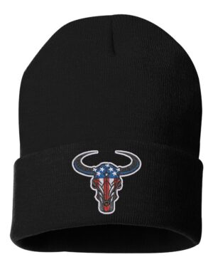 American flag bull beanie with embroidered bull head in stars and stripes colors - western patriotic cuffed hat celebrating American strength