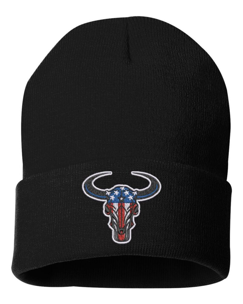 American flag bull beanie with embroidered bull head in stars and stripes colors - western patriotic cuffed hat celebrating American strength