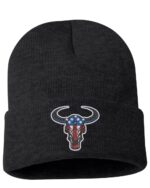 Black beanie featuring a bull's head design with an American flag pattern on the horns and face.