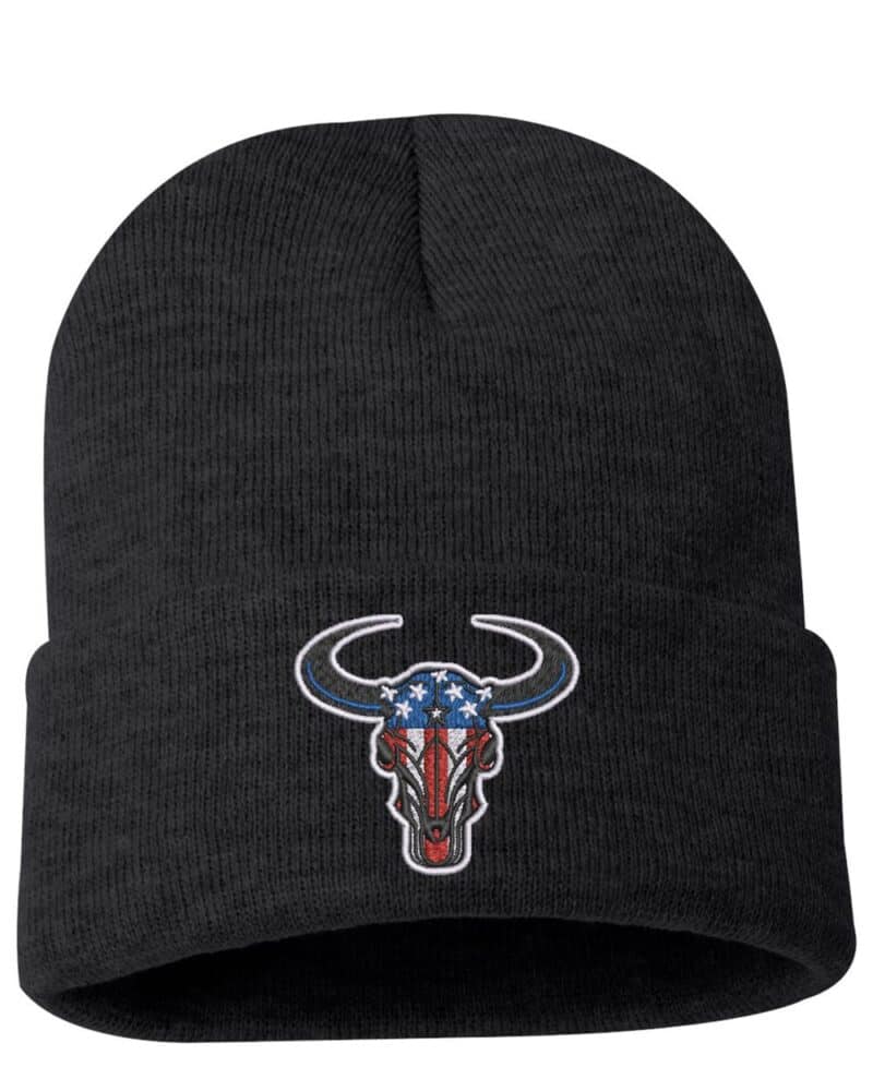 Black beanie featuring a bull's head design with an American flag pattern on the horns and face.