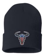 Black beanie featuring a bull's head design with American flag colors and stars on the horns, perfect for patriotic style.
