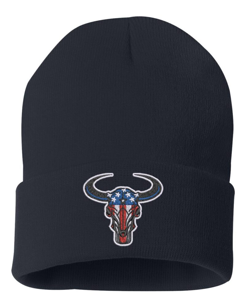Black beanie featuring a bull's head design with American flag colors and stars on the horns, perfect for patriotic style.