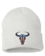 White beanie featuring a bull's head logo with an American flag design, combining style and patriotism.