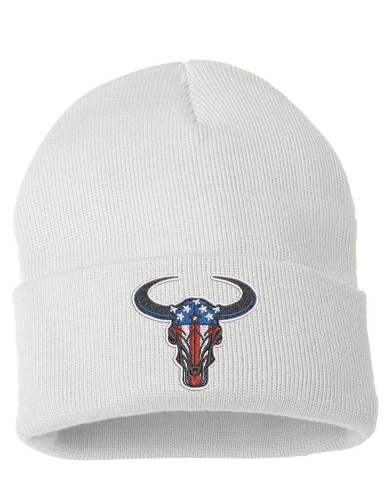 White beanie featuring a bull's head logo with an American flag design, combining style and patriotism.