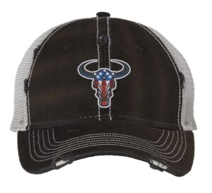 Bull Head Trucker Cap with Distressed American Flag Embroidery
