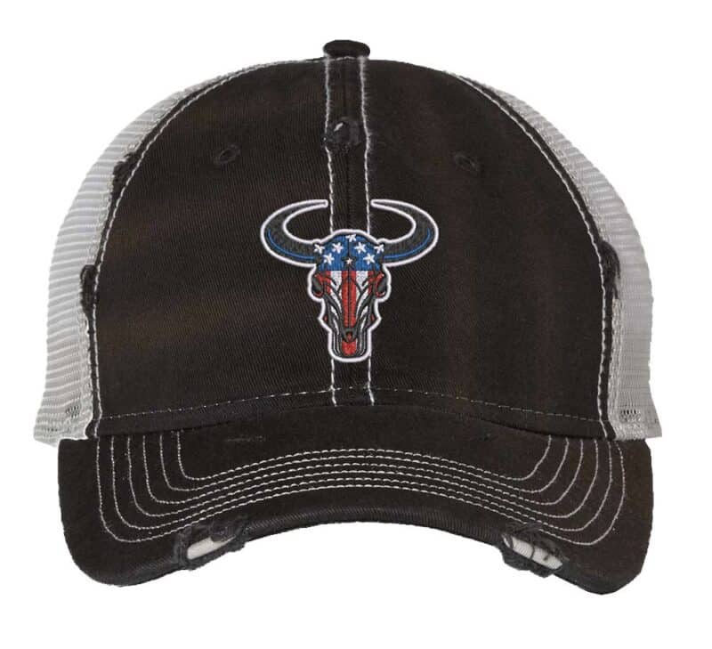 Bull Head Trucker Cap with Distressed American Flag Embroidery