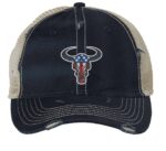 Distressed trucker hat with embroidered bull's head in vibrant American flag colors, adding a bold and patriotic touch to your look.