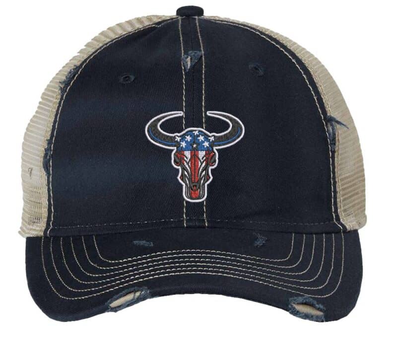 Distressed trucker hat with embroidered bull's head in vibrant American flag colors, adding a bold and patriotic touch to your look.