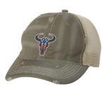 Distressed trucker hat with embroidered bull's head in vibrant American flag colors, adding a bold and patriotic touch to your look.