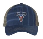 Distressed trucker hat with embroidered bull's head in vibrant American flag colors, adding a bold and patriotic touch to your look.