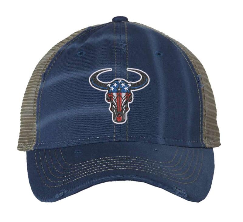 Distressed trucker hat with embroidered bull's head in vibrant American flag colors, adding a bold and patriotic touch to your look.