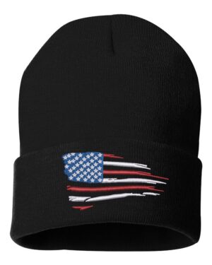 American flag cuffed beanie with distressed stars and stripes design - patriotic winter hat with adjustable cuff for proud Americans