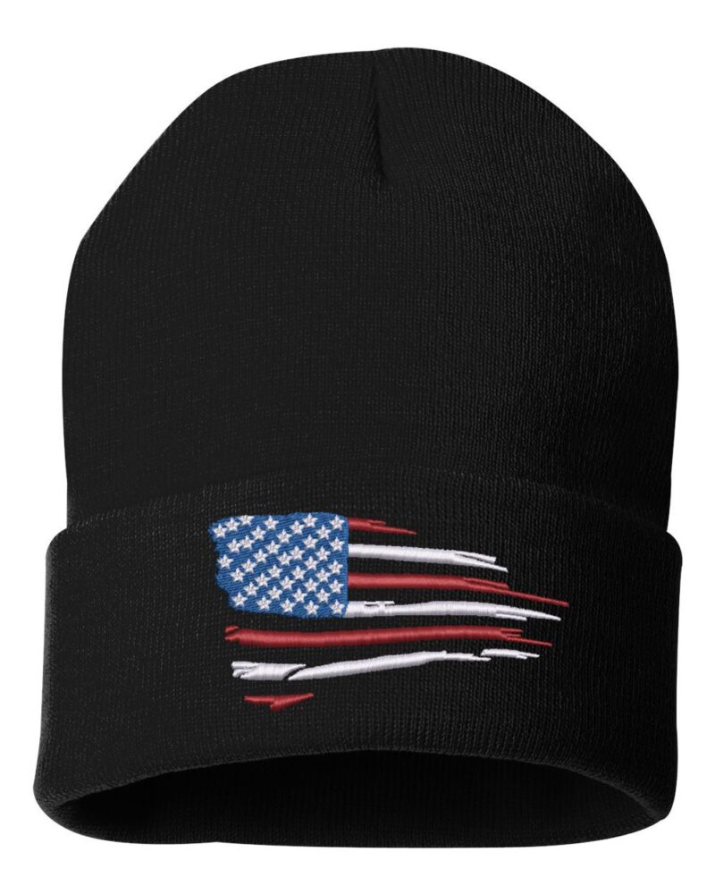 14CB-BLK_Cuffed_Beanie_Distressed_American_Flag American flag cuffed beanie with distressed stars and stripes design - patriotic winter hat with adjustable cuff for proud Americans