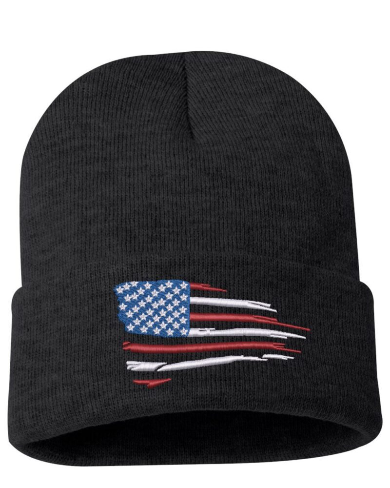 Distressed American flag cuffed beanie in black, featuring a ripped-style flag design on the front. Perfect patriotic gift.