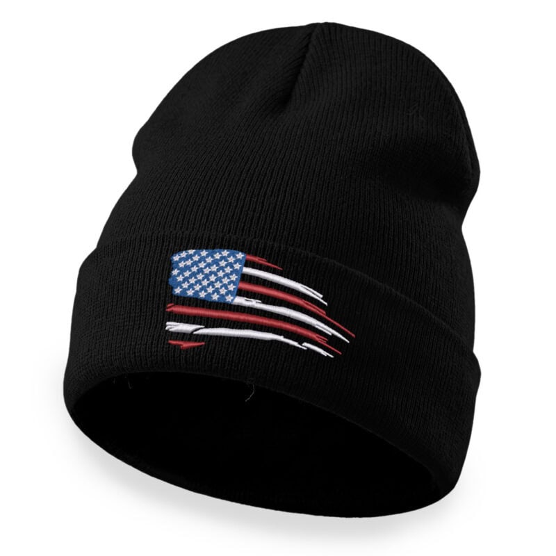 Black patriotic beanie with American flag design for winter.