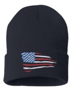 Distressed American flag cuffed beanie in black, featuring a stylized U.S. flag design on the front.