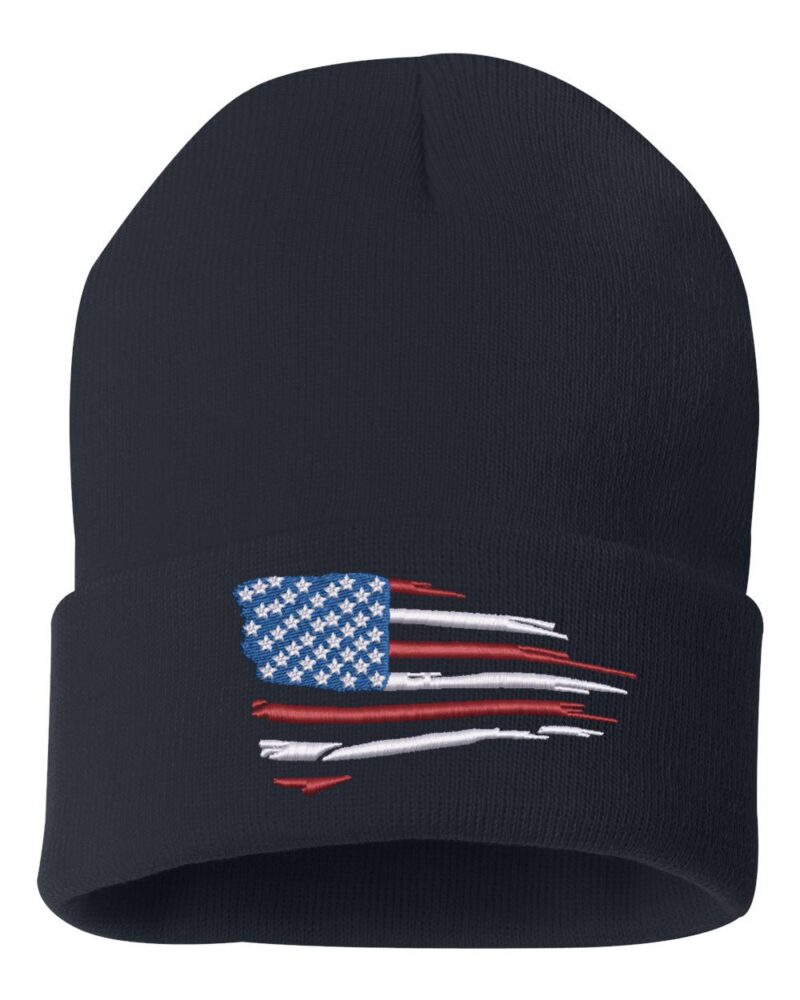 Distressed American flag cuffed beanie in black, featuring a stylized U.S. flag design on the front.