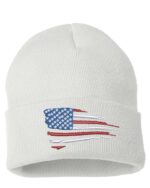Distressed American flag cuffed beanie in white, featuring a rustic U.S. flag design on the front. Perfect patriotic gift idea.