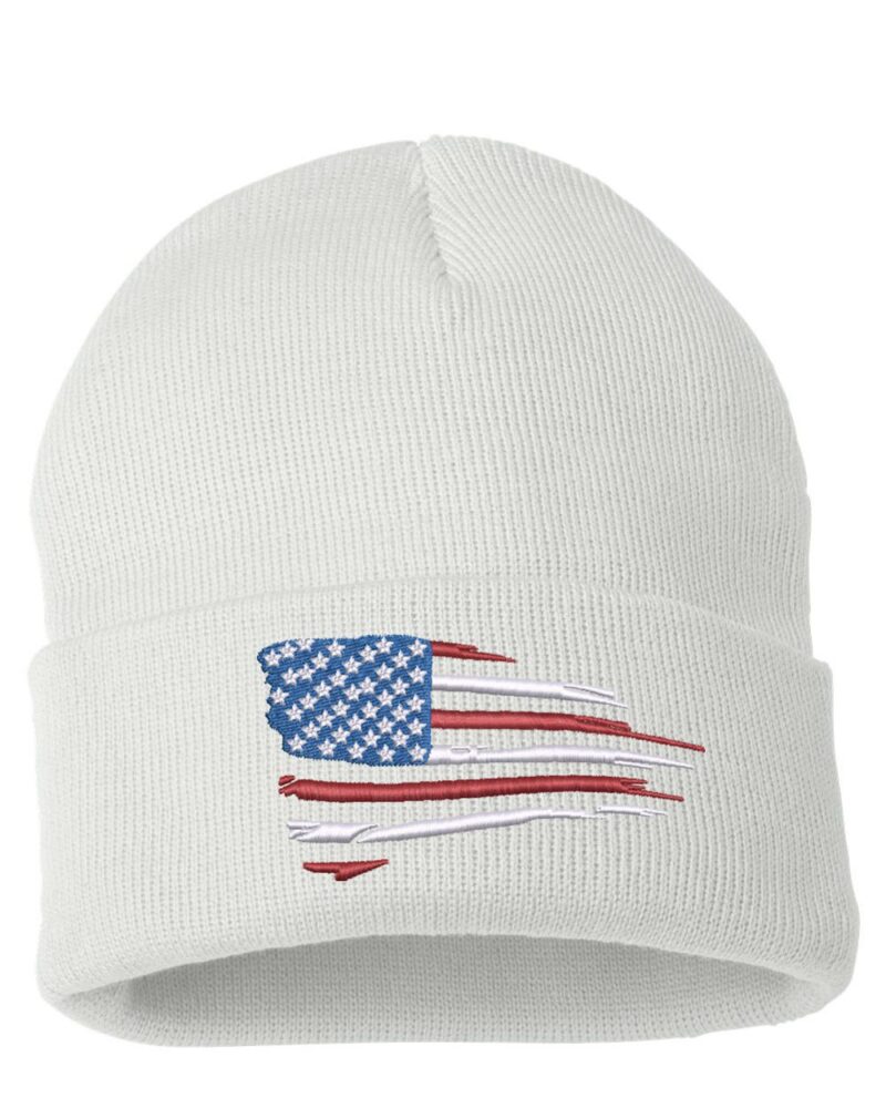Distressed American flag cuffed beanie in white, featuring a rustic U.S. flag design on the front. Perfect patriotic gift idea.