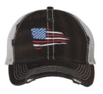 American flag trucker hat with distressed embroidered stars and stripes design and breathable mesh back with adjustable buckle