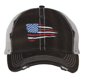 American flag trucker hat with distressed embroidered stars and stripes design and breathable mesh back with adjustable buckle