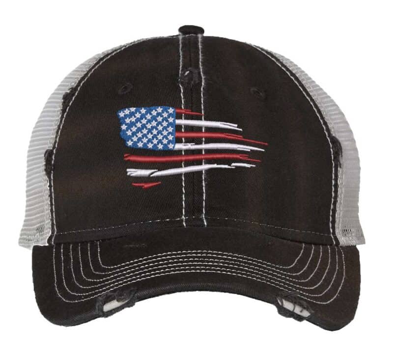 American flag trucker hat with distressed embroidered stars and stripes design and breathable mesh back with adjustable buckle