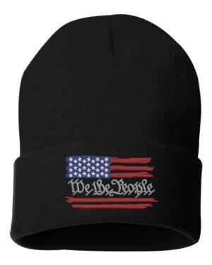 We The People beanie with distressed American flag embroidery on cuff featuring constitutional preamble text across stars and stripes