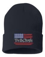 Black beanie featuring a distressed American flag design with "We The People" text, ideal patriotic gift or accessory.
