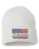 Distressed American flag beanie with "We The People" text embroidered, perfect gift for patriots and America enthusiasts.