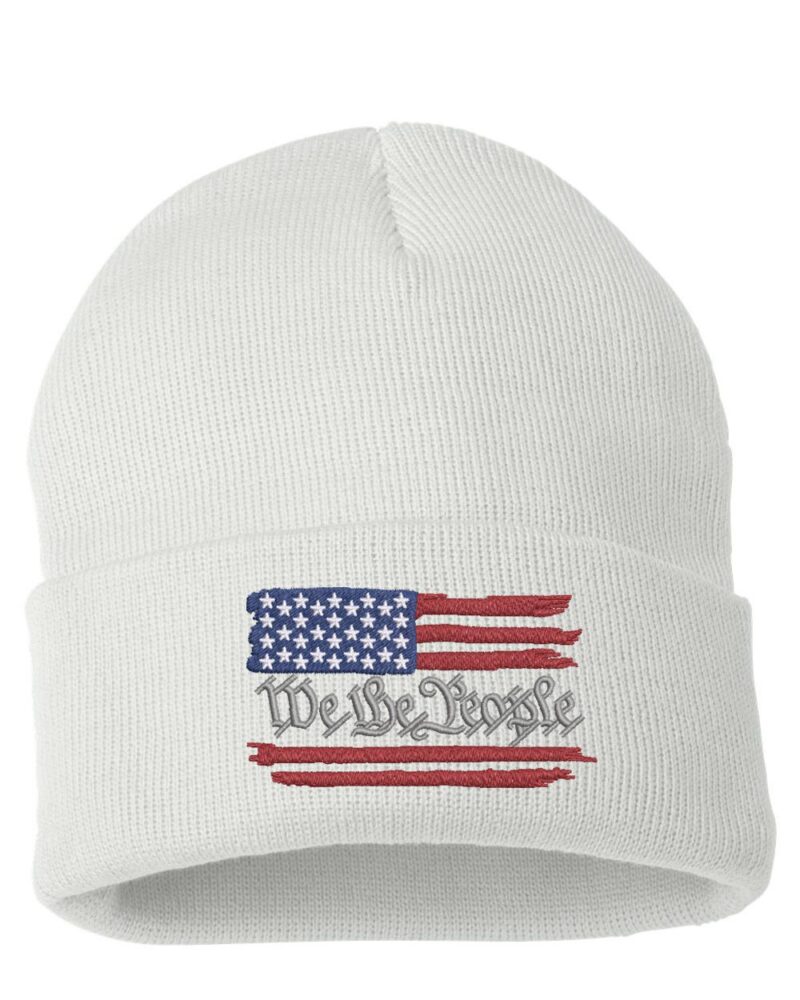 Distressed American flag beanie with "We The People" text embroidered, perfect gift for patriots and America enthusiasts.