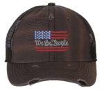 Distressed trucker hat with embroidered American flag and "We The People," ideal for showcasing patriotic pride in style.