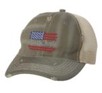 Distressed trucker hat with embroidered American flag and "We The People," ideal for showcasing patriotic pride in style.