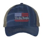 Distressed trucker hat with embroidered American flag and "We The People," ideal for showcasing patriotic pride in style.