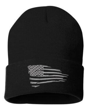 Silver American flag beanie with distressed embroidery in elegant silver thread on comfortable cuffed patriotic winter hat