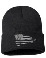 Black beanie with a silver distressed American flag design on the front, perfect for patriots and gifting occasions.