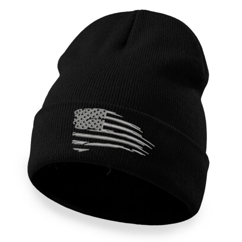 Black beanie with American flag design for patriotic winter wear.
