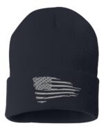Black beanie with a silver distressed American flag design on the front, perfect for patriots and as a gift option.