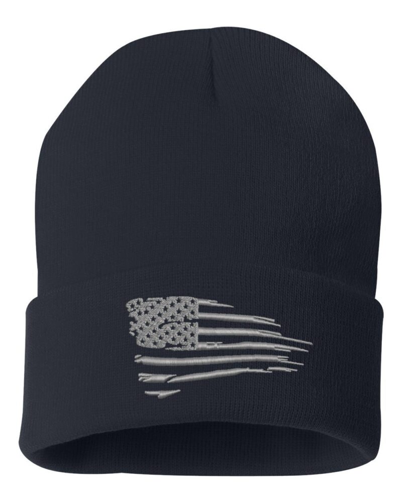 Black beanie with a silver distressed American flag design on the front, perfect for patriots and as a gift option.