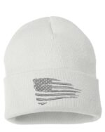 Silver distressed American flag beanie, featuring a cozy knit design and sleek American flag graphic on the front cuff.