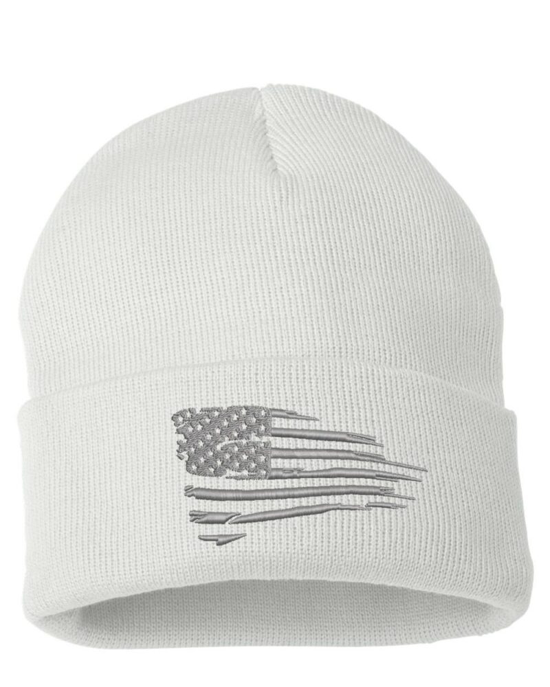 Silver distressed American flag beanie, featuring a cozy knit design and sleek American flag graphic on the front cuff.