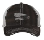 Silver American flag trucker hat with distressed embroidery in metallic silver thread and breathable mesh back with adjustable snapback