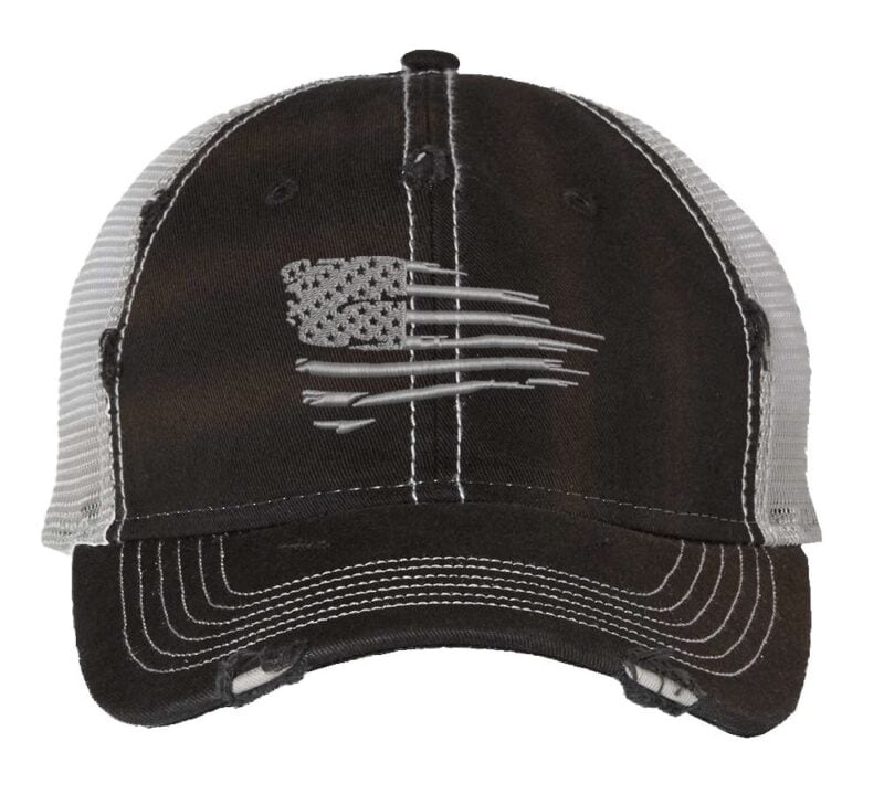 18DR-BLK_Black-_Silver_Front_High_Distressed_Silver_American_Flag Silver American flag trucker hat with distressed embroidery in metallic silver thread and breathable mesh back with adjustable snapback