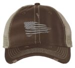 Silver distressed trucker hat with embroidered American flag, perfect for showcasing patriotic pride in style.